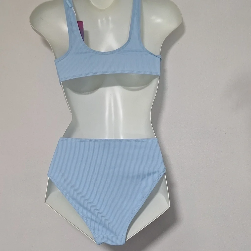 Mienqe Light Blue Ribbed Swim Bikini Set